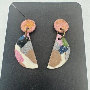 Abstract Multicolor Polymer Clay Drop Earrings Handmade Gold Accent Modern Boho